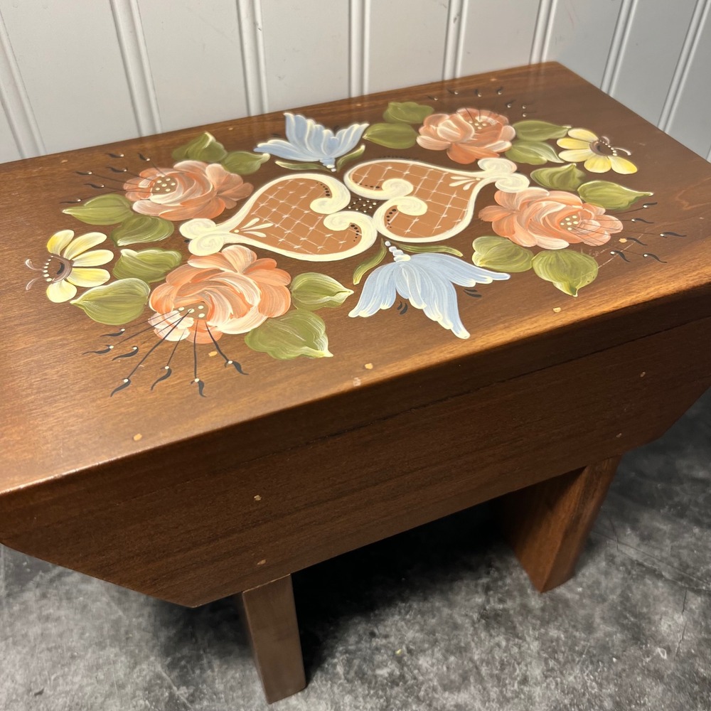 Vintage Hand-Painted Floral Wooden Step Stool | Cottage